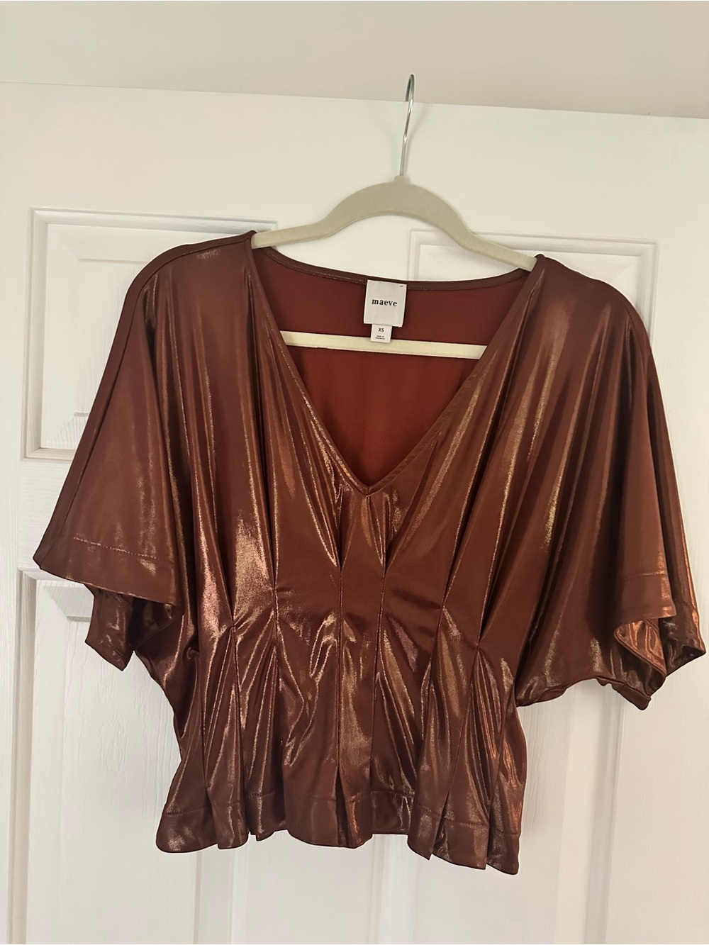 Maeve Metallic Copper V-Neck Flutter Sleeve Top